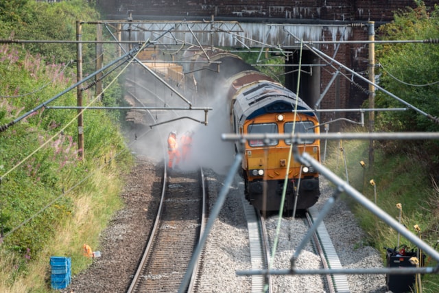 Ballast being dropped during Macclesfield track renewal August 2025: Ballast being dropped during Macclesfield track renewal August 2025