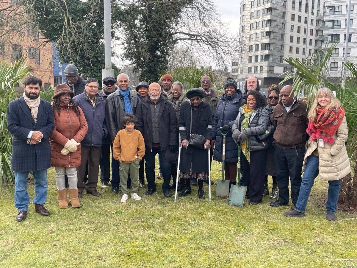 The Windrush Community Group and councillors plant palm trees on the Chatham Street roundabout