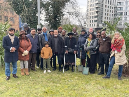 The Windrush Community Group and councillors plant palm trees on the Chatham Street roundabout