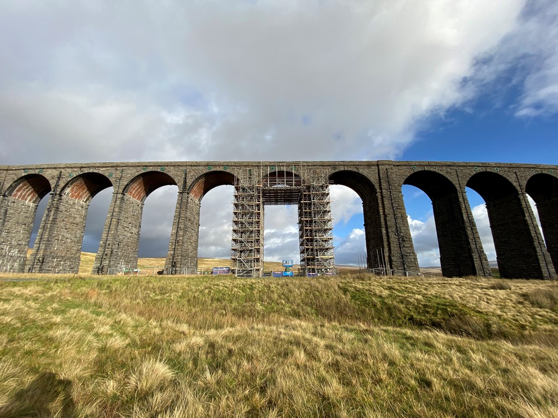 Ribblehead viaduct with scaffolding in place for the upgrade work