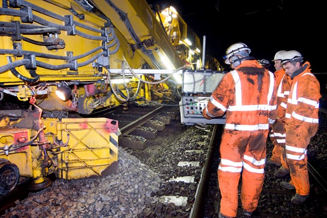 Network Rail's latest track renewal system in action: Network Rail's high output Track Renewal System 4 in action on the West Coast. It was designed specifically for this line and its tight gauge clearance. It is staffed and maintained by Amey COLAS