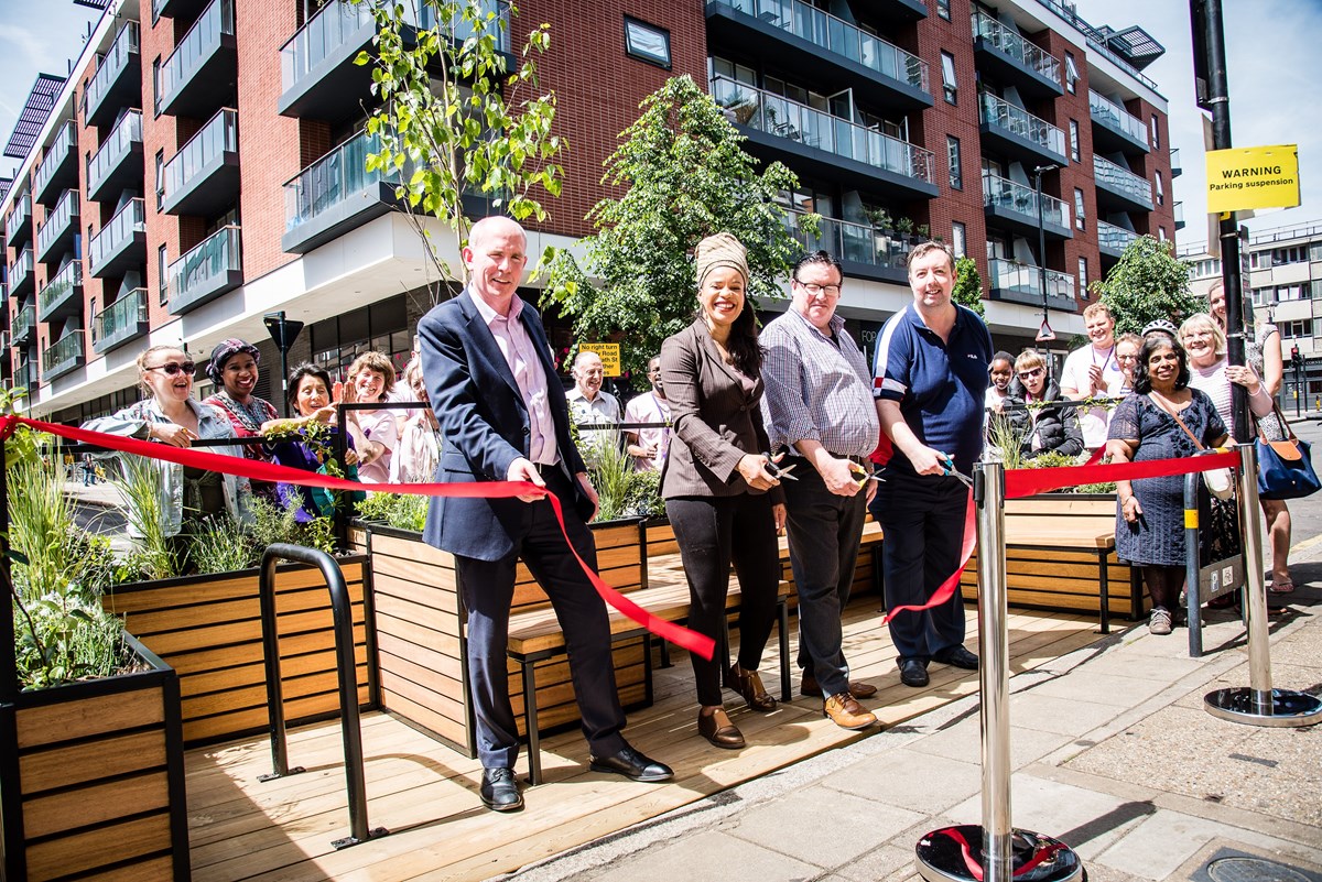 Islington's first parklet, in Central Street, is launched with residents and (L-R) Austin Casey of Old Street District Partnership, Cllr Claudia Webbe, Islington Council's executive member for environment and transport, and Bunhill ward councillors Cllr Phil Graham and Cllr Troy Gallagher