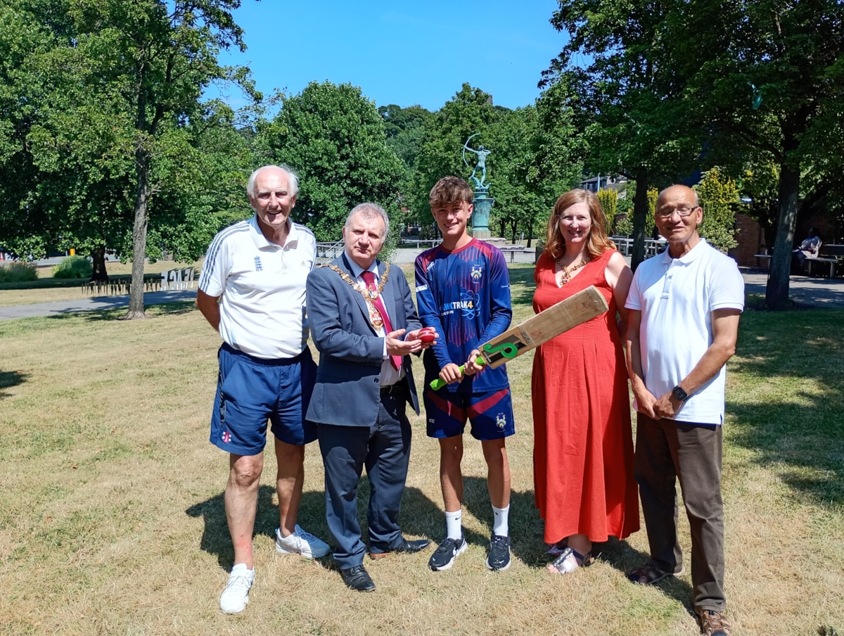 John Huband, chair of Stourbridge Cricket Club, Mayor of Dudley, Jimmy Turton Stourbridge Cricket Club, Mayoress of Dudley and Cllr Mohammed Hanif