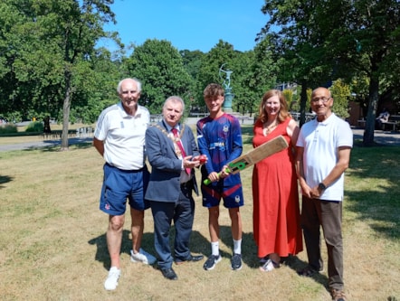 John Huband, chair of Stourbridge Cricket Club, Mayor of Dudley, Jimmy Turton Stourbridge Cricket Club, Mayoress of Dudley and Cllr Mohammed Hanif