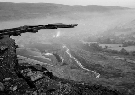 Black and white photograph of Aberfan from above the village by the photographer David Hurn in the aftermath of the disaster