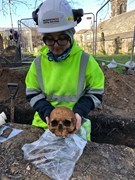 GUARD Archaeologist Clare McCabe: Clare holds a skull discovered in a charnel pit found under Constitution St Graveyard’s eastern wall, thought to date back to the 16th Century or earlier