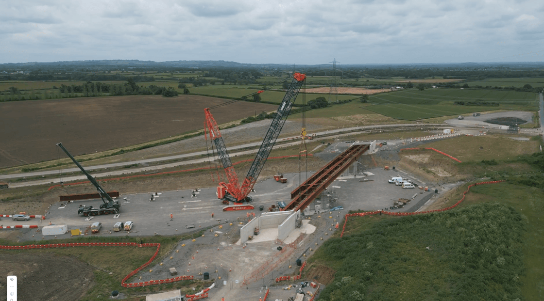 HS2's Edgcott Road overbridge site compound during the lifting of the main steel beams June 2024