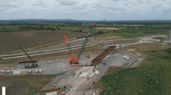 HS2's Edgcott Road overbridge site compound during the lifting of the main steel beams June 2024: HS2's Edgcott Road overbridge site compound during the lifting of the main steel beams June 2024