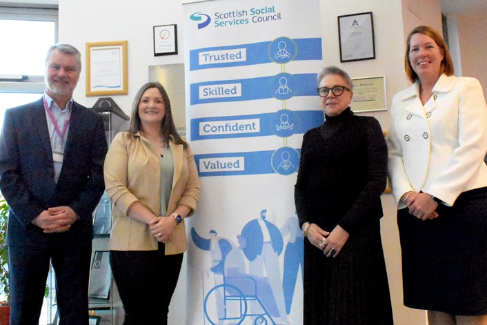 Minister visits the SSSC (image): Left to right: Peter Murray, SSSC Interim Convener, Natalie Don-Innes MSP, Minister for Children, Young People and The Promise, Iona Colvin, Scottish Government Chief Social Work Adviser and Maree Allison, SSSC Chief Executive
