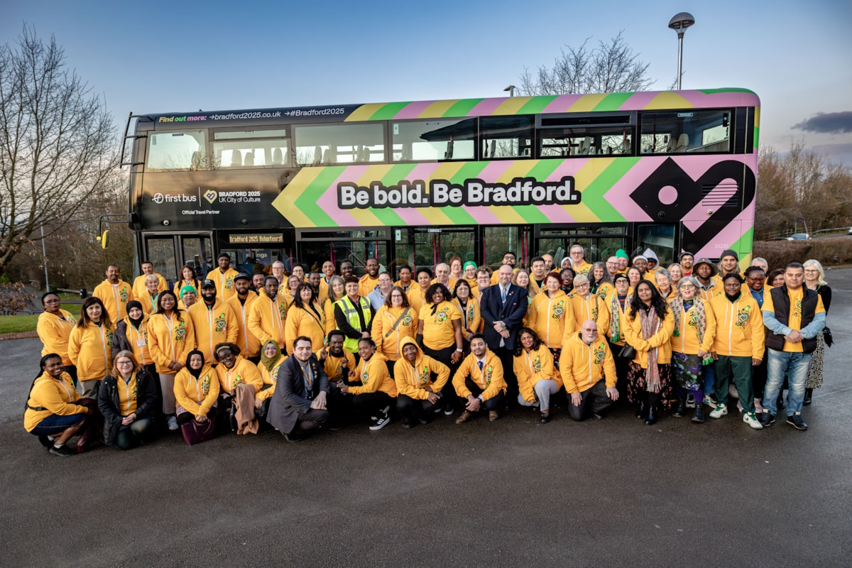 First Bus welcome Bradford 2025 volunteers aboard for celebration event. Credit Karol Wyszynski. 2