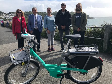 Cornwall Councillors Jayne Kirkham, Tamsyn Whiddon and David Saunby with Cornwall Council transport portfolio holder Philip Desmonde (second from left) and Beryl CEO Phil Ellis launching the new scheme in Falmouth