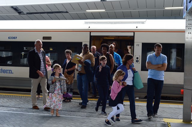 Families arrive at platform 8: Families arrive on the newly rebuilt platform 8 at London Bridge station.