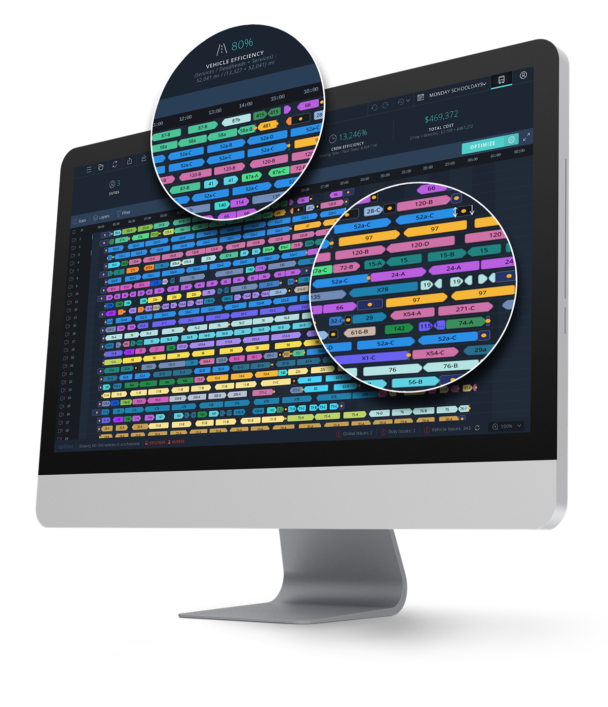 Optibus' Scheduling Module, which uses  advanced optimization algorithms and machine learning to run crew and vehicle optimizations in seconds a[1]