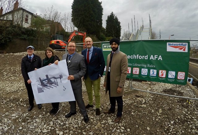 Jess Phillips MP welcomes scheme to improve access at Stechford station: R-L Harpreet Singh Moore (Scheme project manager, Network Rail), Steve Leyland (West Midlands Stations Alliance), Francis Thomas (Head of corporate affairs, West Midlands Railway), Jess Phillips MP (Birmingham Yardley), Michael Byrne (West Midlands Trains)