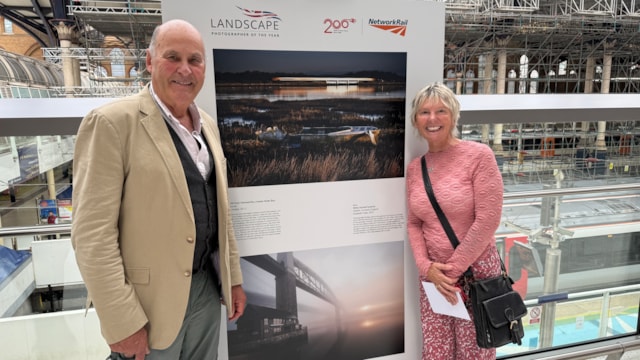 Founder of Landscape Photographer of the Year, Charlie Waite, with photographer Elizabeth Coles and her featured photo in the exhibition (below): Founder of Landscape Photographer of the Year, Charlie Waite, with photographer Elizabeth Coles and her featured photo in the exhibition (below)