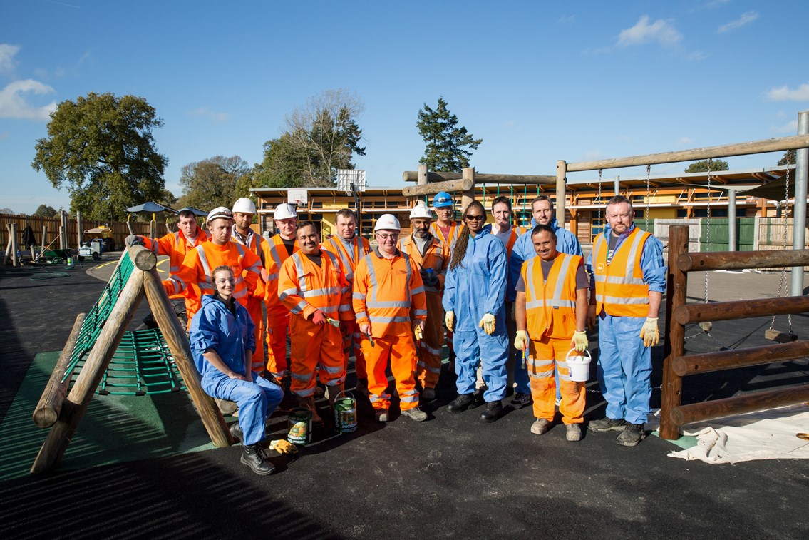 Team photo of volunteers transforming Manor Green College: Team photo of the volunteers from the Thameslink Programme who are revamping the playground at manor Green College