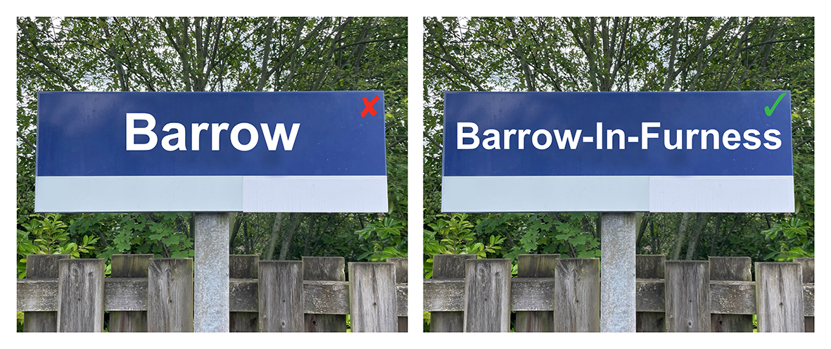 Image shows Barrow in Furness station sign mock up