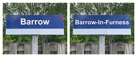 Image shows Barrow-in-Furness station sign mock-up