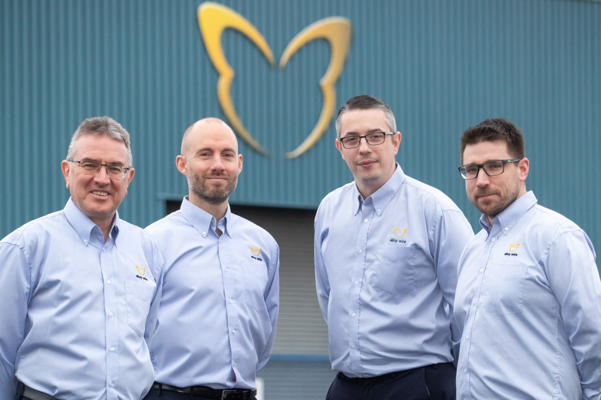 Alloy Wire International’s chairman Mark Venables, managing director Tom Mander, finance director Adam Shaw, and technical director Andrew Du Plessis outside their factory in Brierley Hill