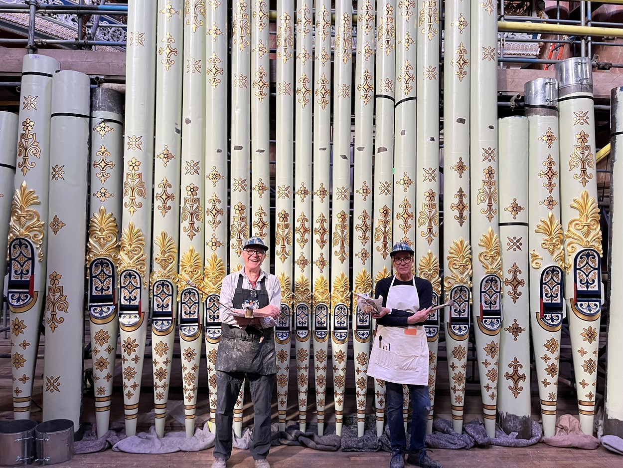 Leeds Town Hall organ pipes renewal: Specialist artists, Robert Woodland MBE and Debra Miller of The Upright Gilders, have taken on the painstaking task of recreating the spectacular appearance the organ pipes had when the iconic building’s Victoria Hall hosted the queen and other dignitaries for its opening night in 1858.