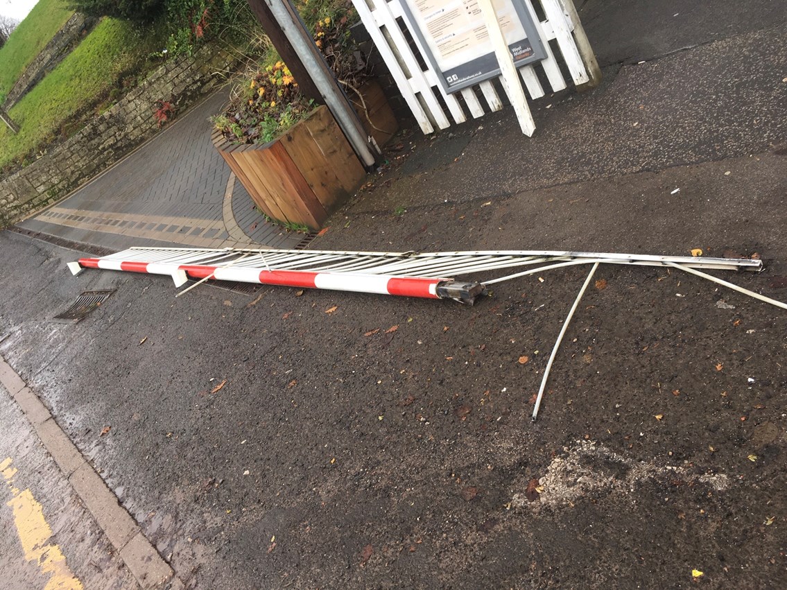 The damaged barrier left on the roadside after being hit by lorry in Hartlebury