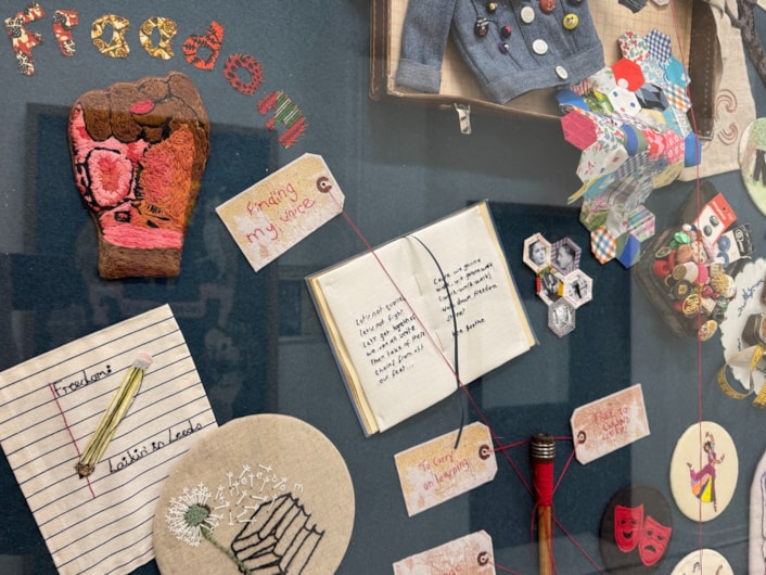 Leeds Tapestry new panel: Details of the new panel.
The project at Leeds Central Library was part of the national campaign Our Freedom: Then and Now, inviting the people of Leeds to reflect on what freedom means today, 80 years after the end of the Second World War.