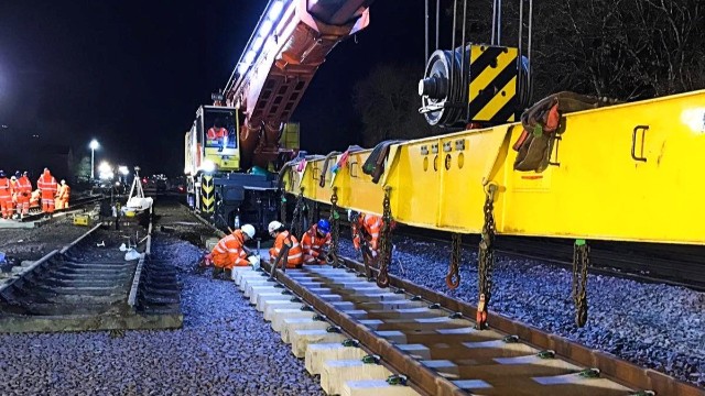 Planned Easter engineering work to improve reliability for passengers.: Library image of Network Rail engineers positioning section of railway track landscape