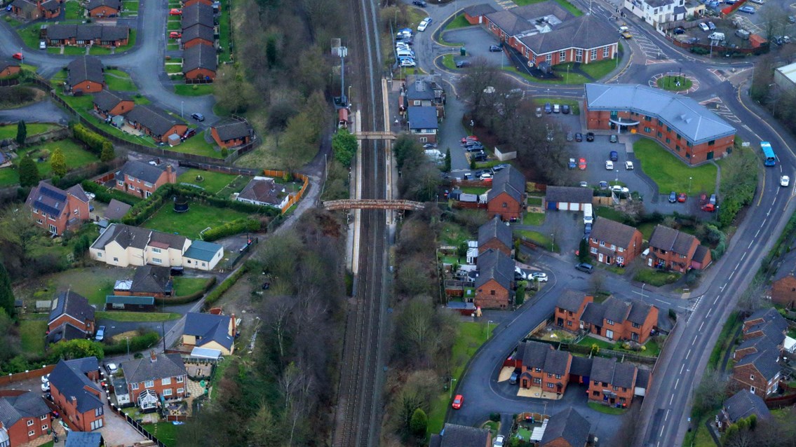 Oakengates station and footbridge aerial view