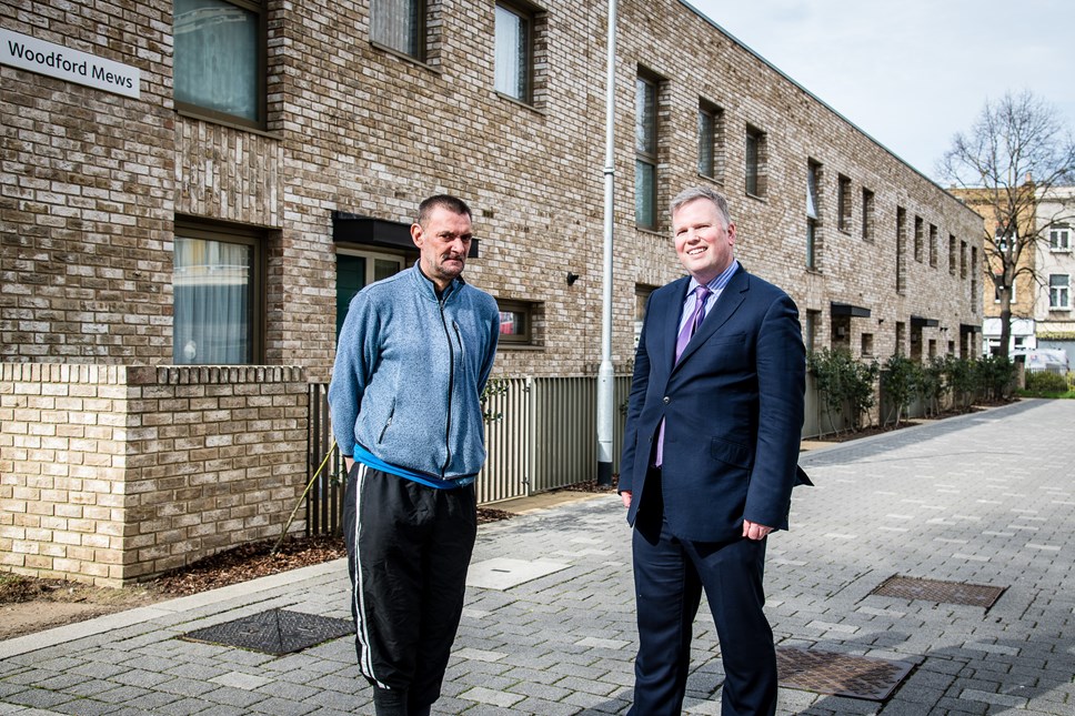 Celebrating new council homes at Dover Court Estate - local resident John Lowe and Cllr Diarmaid Ward, Islington Council's Executive Member for Housing and Development, with five new council homes
