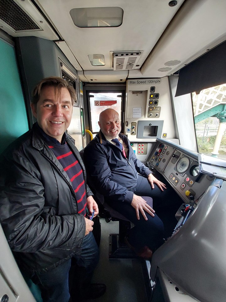 Nik Johnson (left), Mayor of Cambridgeshire and Peterborough, on a CrossCountry train cab ride