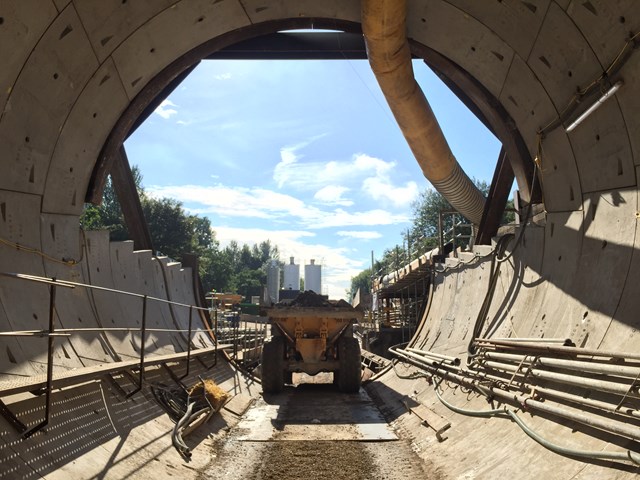 A666 lane closures while train tunnel is enlarged underneath: Farnworth Tunnel - looking out from the newly-bored tunnel
