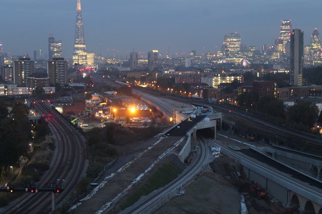 BDUandLondonBridgeEvening: The Bermondsey Dive Under with London Bridge station and The Shard in the background at night.