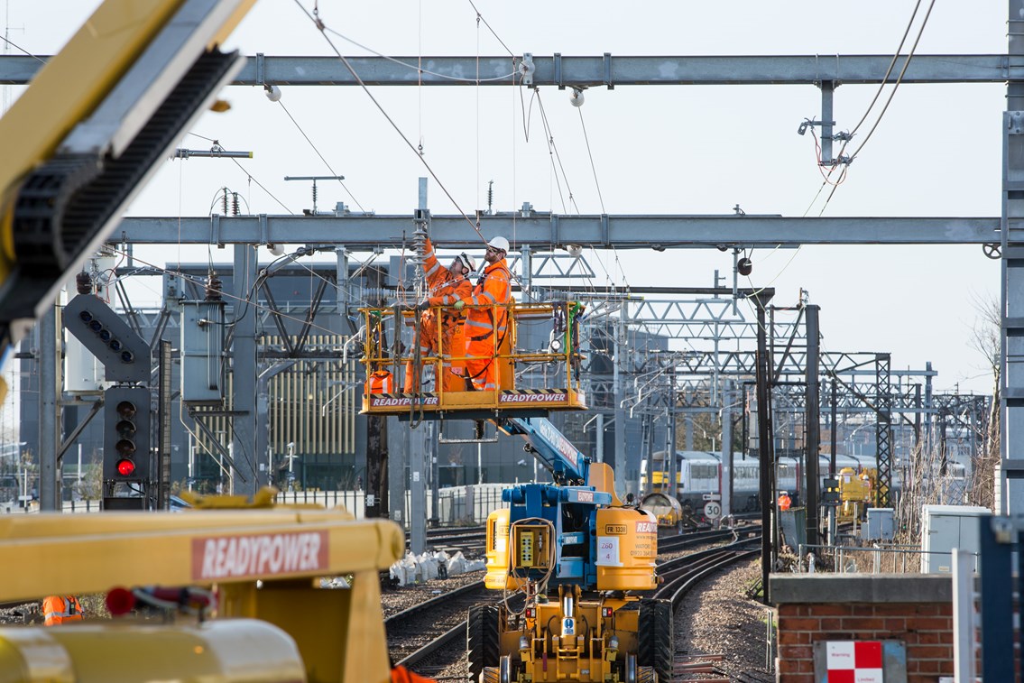 Passengers thanked as vital rail upgrades completed on London to Norwich line over Christmas: Overhead line upgrades at Romford December 2015 (2)