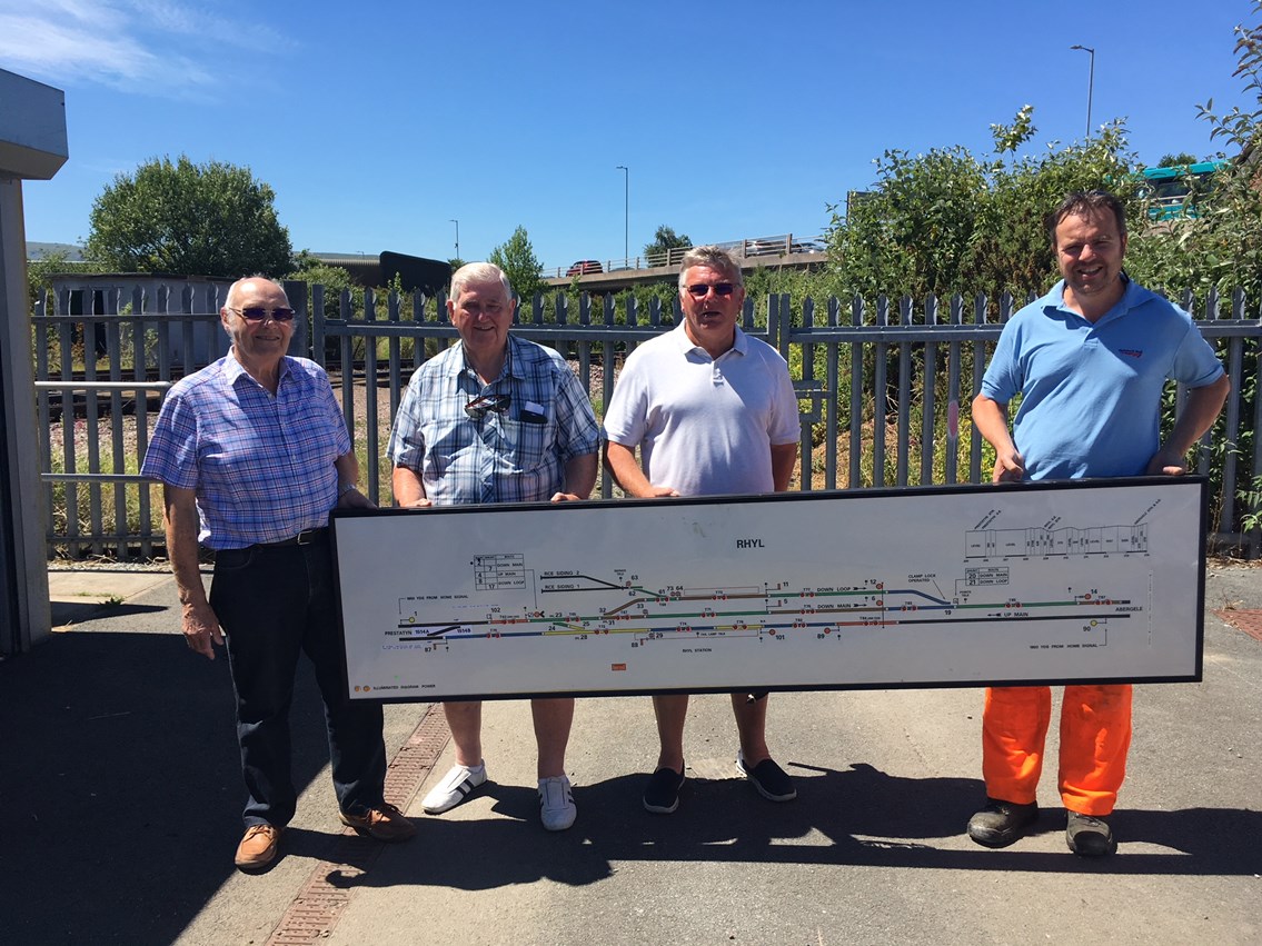 Piece of Rhyl railway history handed over to local model railway club: William Jones, Network Rail, handed over the signal box diagram to Rhyl & District Model Railway Club members Winston Roberts, Arthur Airey and Stephen Cooper