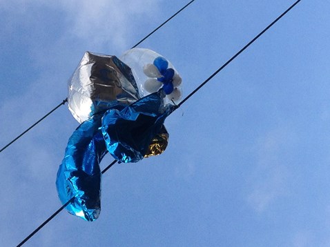 Balloons on overhead electric lines in Lea Valley London February 2019