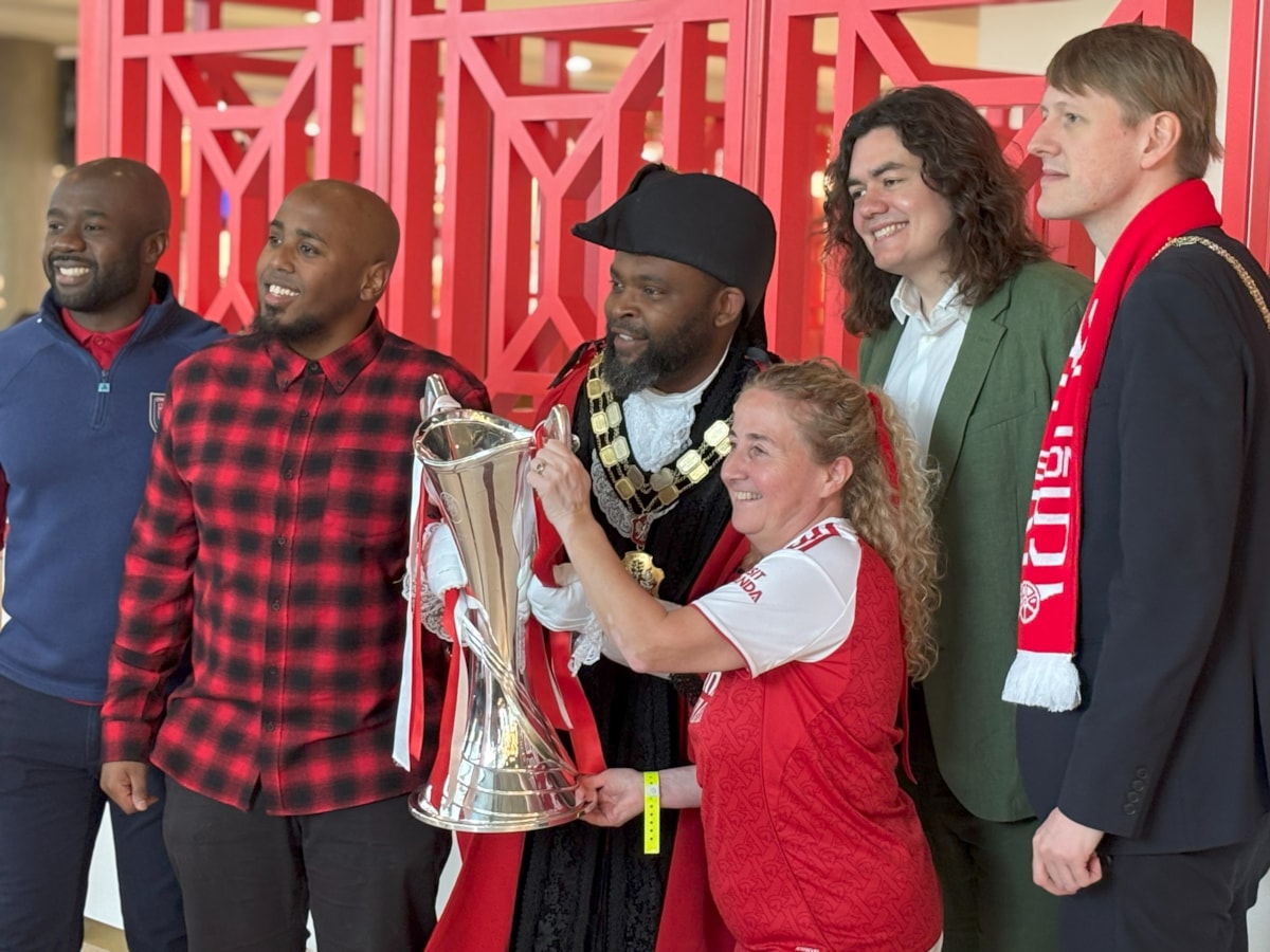 Islington councillors pose with the Women's Champions League trophy
