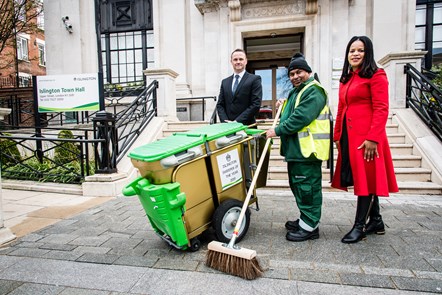 Gino Legrand, Islington's street sweeper of the year for 2019, with Tony Ralph and Cllr Claudia Webbe
