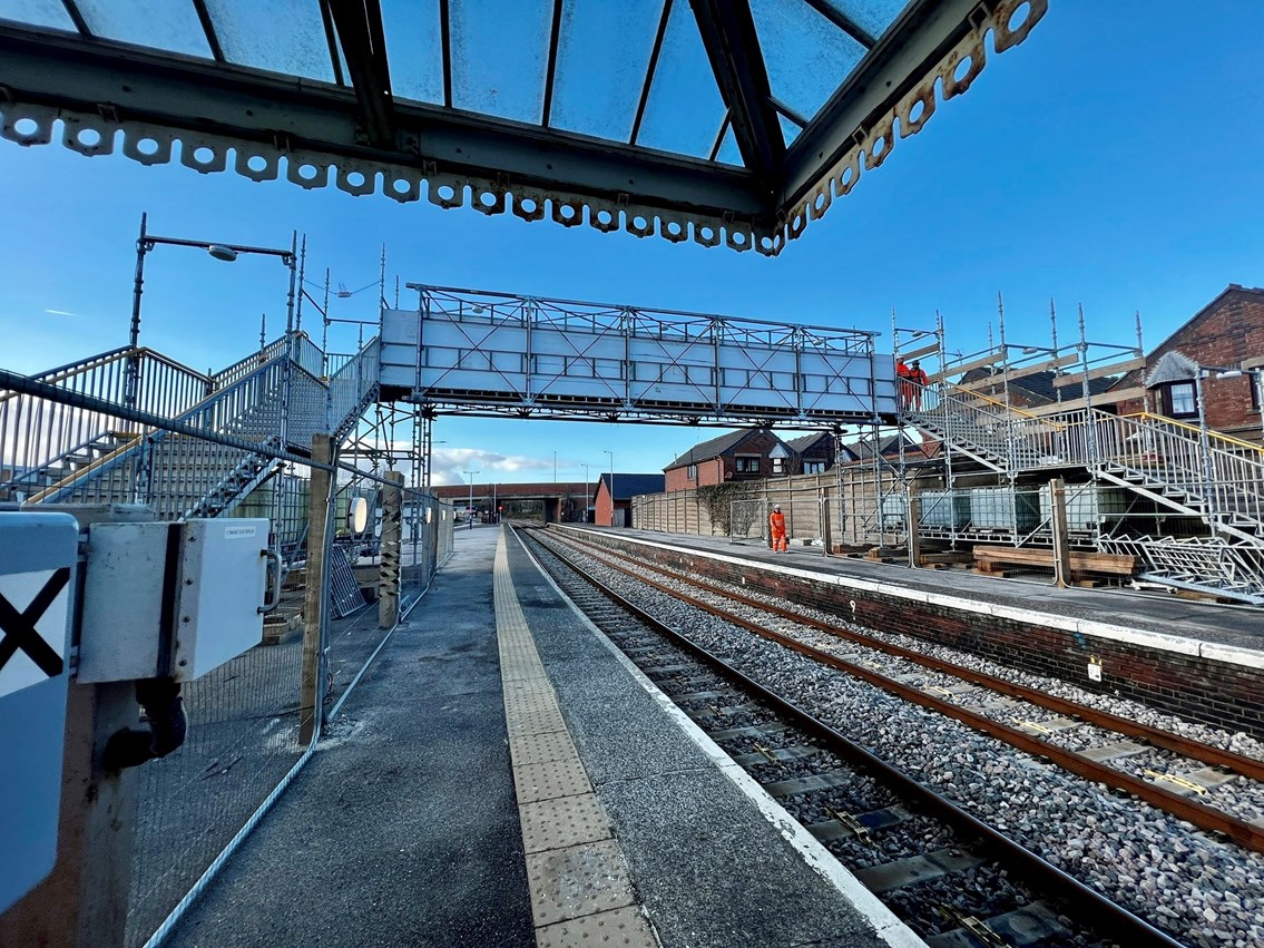 Temporary footbridge under construction at Bridlington station - photo taken 31 January 2023