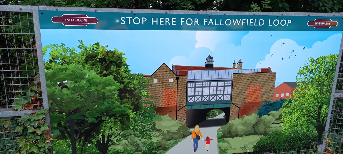 This image shows art at Levenshulme depicting Fallowfield Loop