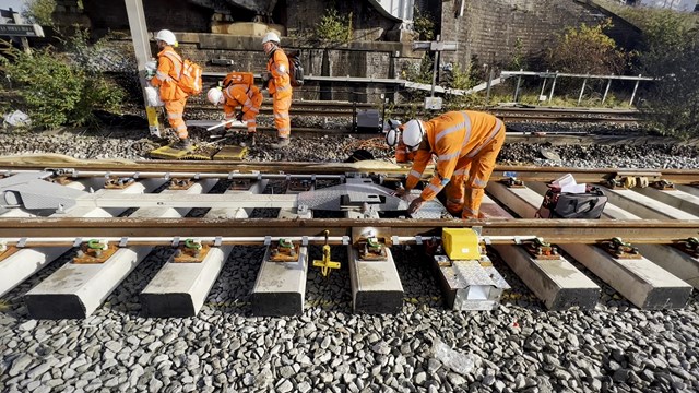 Network Rail engineers working on new track during Trent Valley line upgrade October 2022