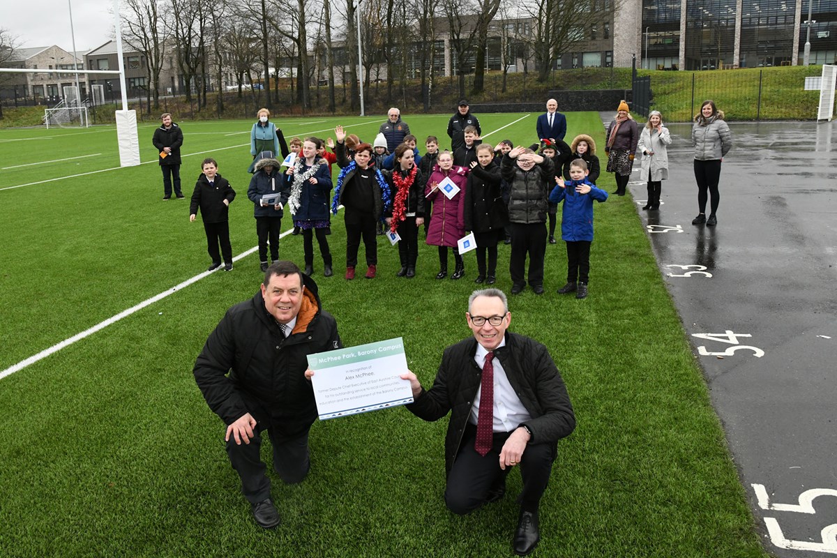 Cllr Reid and Alex McPhee at McPhee Park, Barony Campus