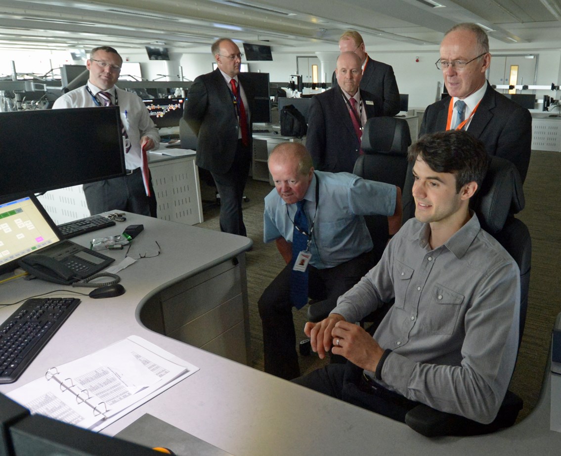 Sir Richard Leese (second right), leader of Manchester City Council, tours the new Manchester Rail Operating Centre (ROC)