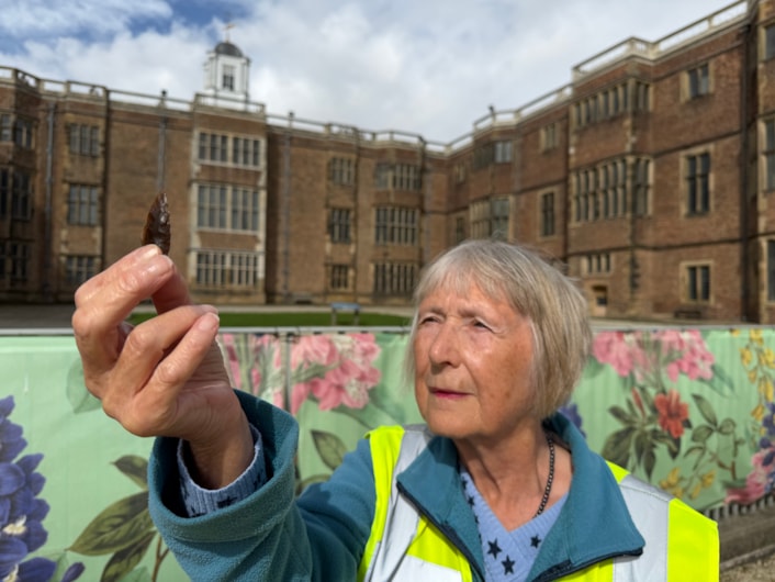 Temple Newsam dig: Finds made during the course of the dig included a lost road or carriageway to the north of Temple Newsam House, an arrowhead which may be up to 5,000 years old (pictured here, held by group member Carole Bloom), the remains of a 16th century fruit bowl, window glass from the 1700s, animal bones and oyster shells from the house’s former kitchens as well as objects from the V Festival concert held on the estate in the 1990s.