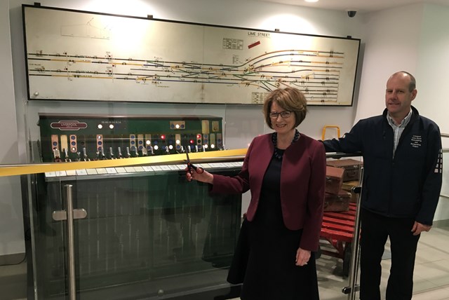 'Mini museum' opens at Liverpool Lime Street to celebrate bygone railway era: Dame Louise Ellman MP cutting the ribbon at the 'Mini museum' opening