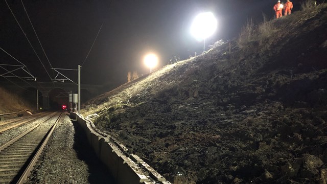 Night-time landslip repairs keeping Birmingham to London passengers moving: Brandon landslip night work 1