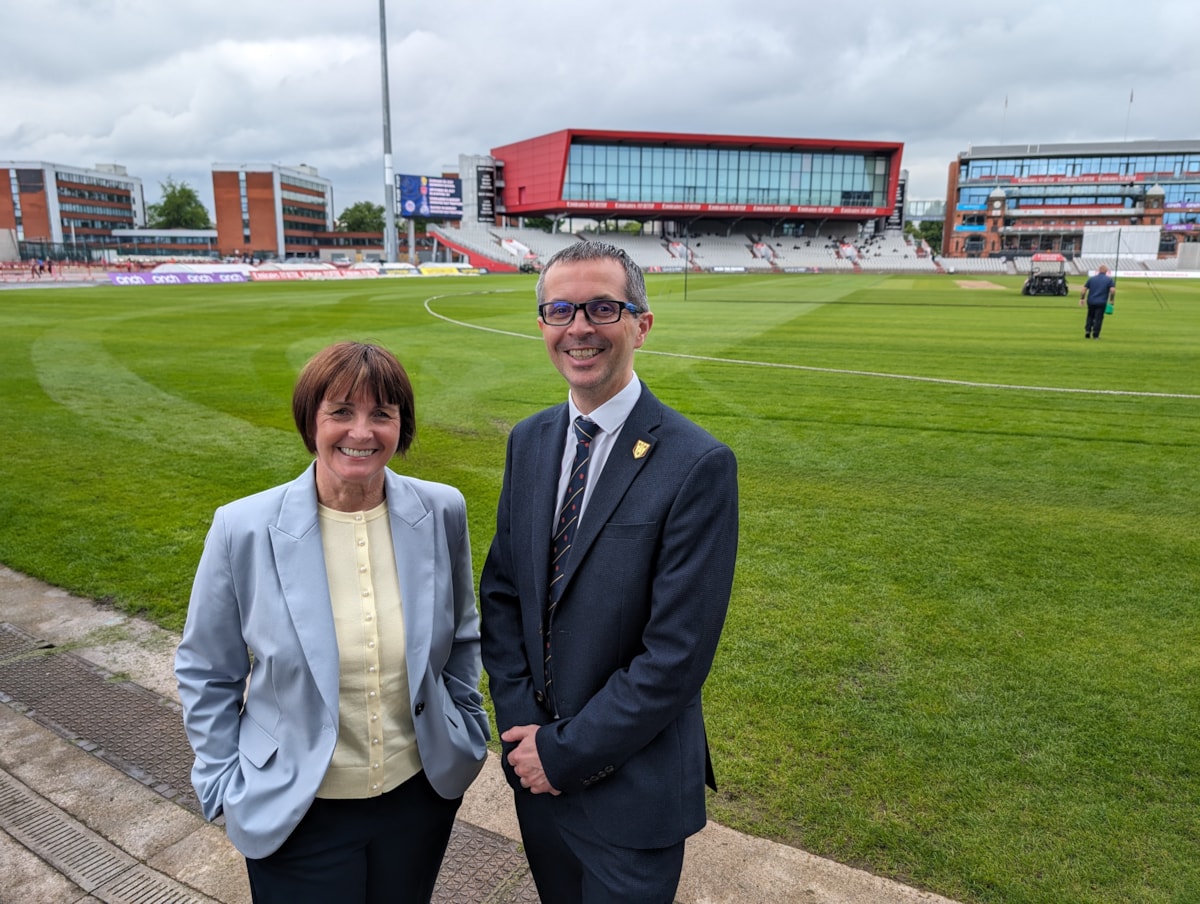 CC Phillippa Williamson, Leader of the Council, and CC Aidy Riggott, cabinet member for Economic Development and Growth, at Emirates Old Trafford 3