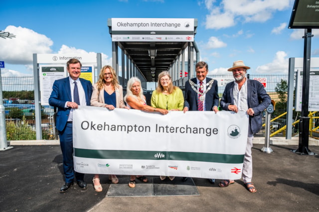 (L-R) Mel Stride MP, Joanna Grew, Jacqi Hodgson, Mandy Ewings, Mayor of West Devon Chris Edmonds and Cllr Julian Brazil at the opening of Okehampton Interchange