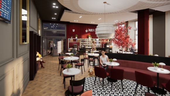 Seating and refreshment area in the revamped LNER First Class Lounge at King's Cross