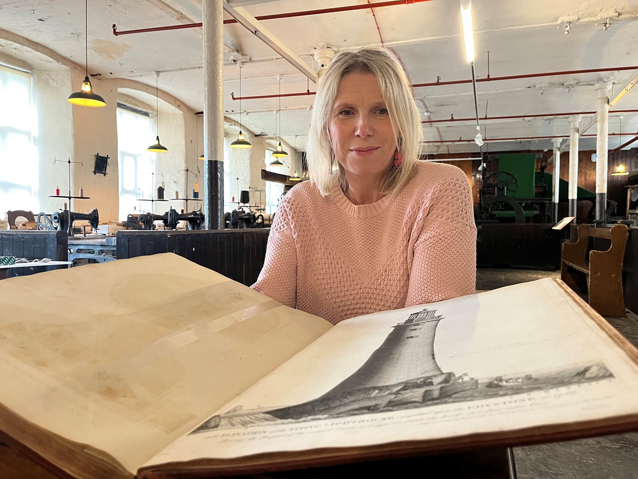 Engineery: Abby Dix-Mason of the Smeaton300 project with a book containing original plans for John Smeaton's famous Eddystone Lighthouse. The beautiful first edition, penned by Smeaton himself, is among the fascinating objects featured in Engineery, a new exhibition which has opened at Leeds Industrial Museum.