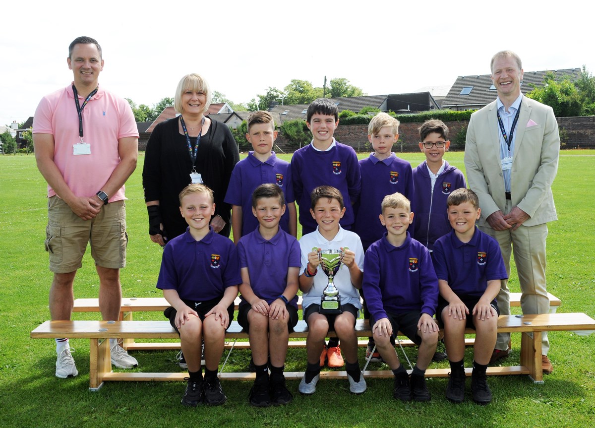 Annanhill PS Cluster Cup winners with Cllr Adams, Head Teacher Emma Johnston and Depute HT Alan Simpson